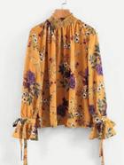 Romwe Tied Cuff Shirred Neck Floral Blouse