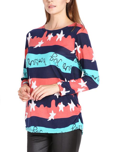 Romwe Striped Stars Print Long Red T-shirt