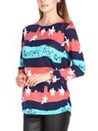 Romwe Striped Stars Print Long Red T-shirt