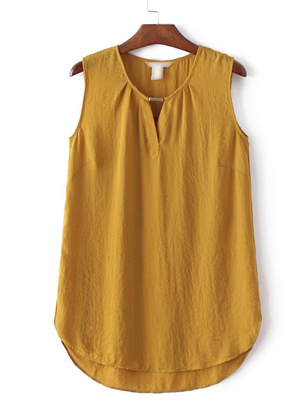 Romwe Ginger Sleeveless Dipped Hem Split Blouse