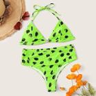 Romwe Neon Green Leopard Triangle Top With High Waist Bikini