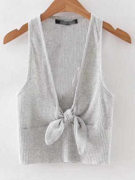 Romwe Grey Low Neck Bow Knit Tank Top