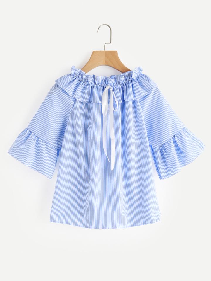 Romwe Fluted Sleeve Pinstriped Self Tie Neck Shirred Blouse