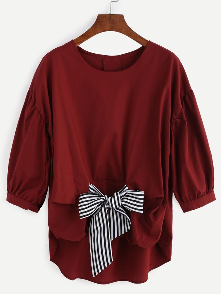 Romwe Burgundy High Low Blouse With Contrast Bow