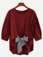 Romwe Burgundy High Low Blouse With Contrast Bow