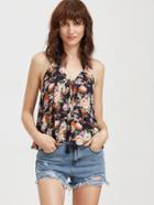 Romwe Navy Flower Print Tassel Tie Front Cami Top