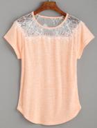 Romwe Orange Marled Knit Lace Insert T-shirt
