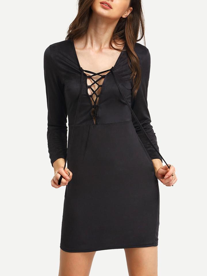 Romwe Black Lace Up Suede Bodycon Dress