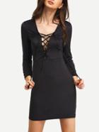 Romwe Black Lace Up Suede Bodycon Dress