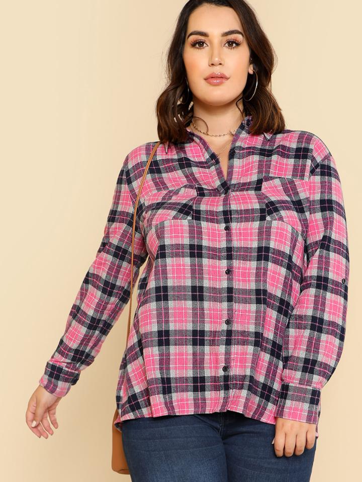 Romwe Pocket Patched Tartan Shirt