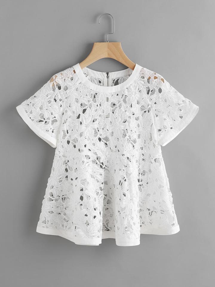 Romwe Zip Back Floral Crochet Trapeze Top