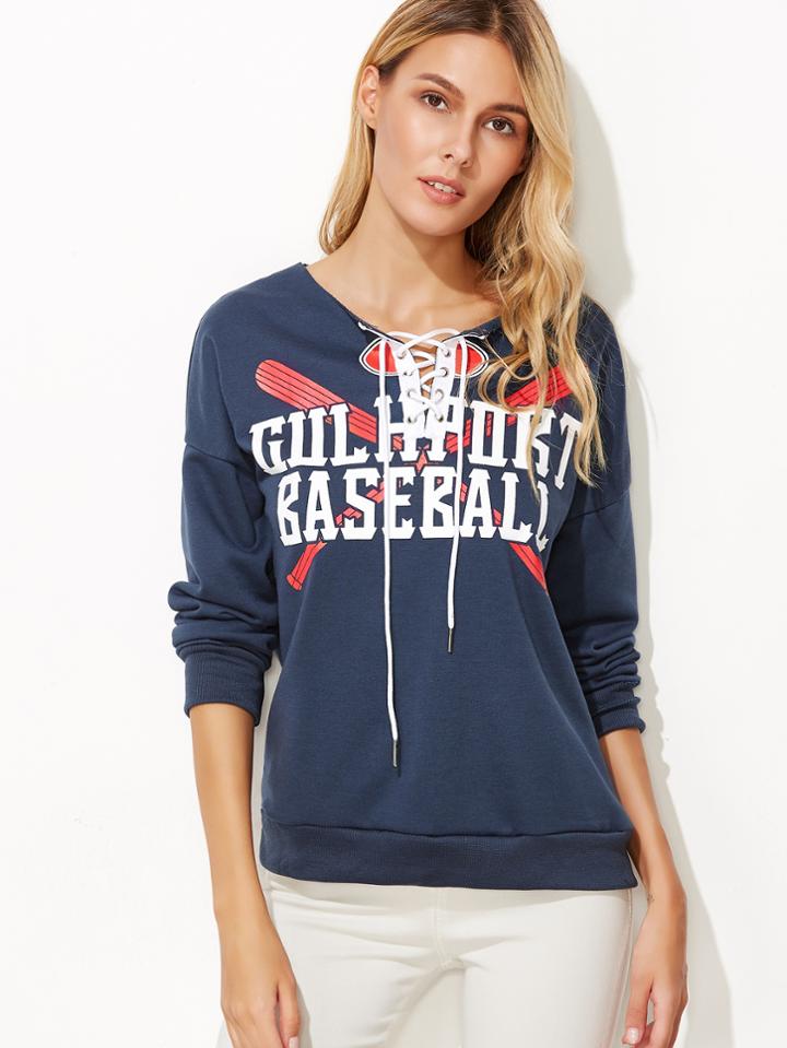 Romwe Navy Letter Print Lace Up Sweatshirt