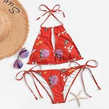 Romwe Random Floral Self Tie Halter Bikini Set