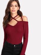 Romwe Strappy Tie Neck Rib Knit T-shirt