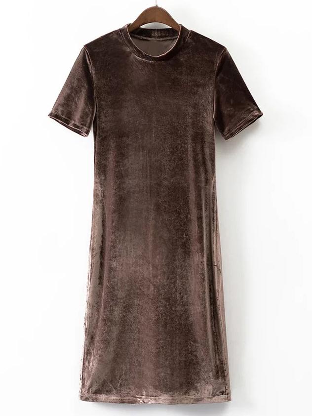 Romwe Coffee Mock Neck Short Sleeve Velvet Dress