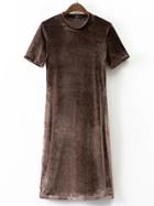 Romwe Coffee Mock Neck Short Sleeve Velvet Dress