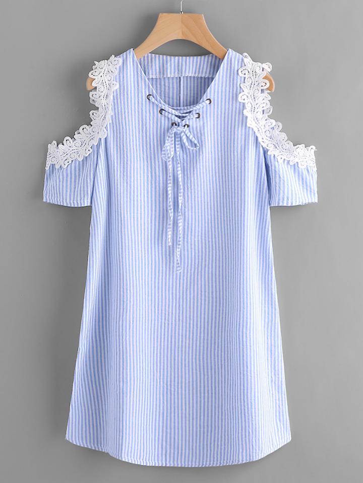 Romwe Contrast Lace Open Shoulder Vertical Striped Dress