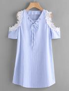 Romwe Contrast Lace Open Shoulder Vertical Striped Dress