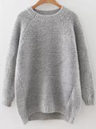 Romwe Grey Raglan Sleeve Dip Hem Sweater