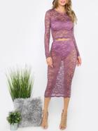 Romwe Purple Long Sleeve Blouse With Skirt