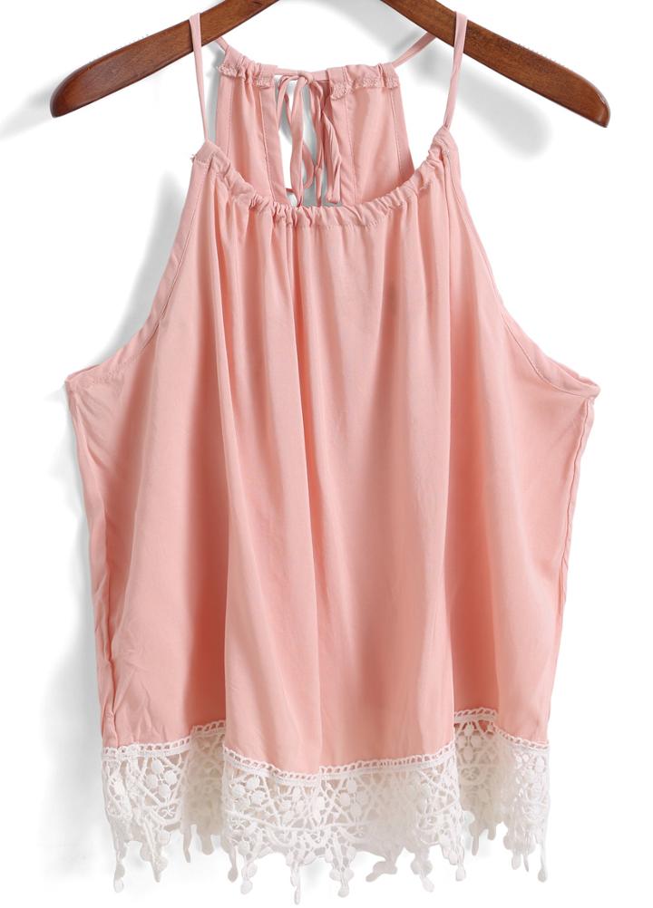 Romwe Contrast Lace Hem Halter Cami Top