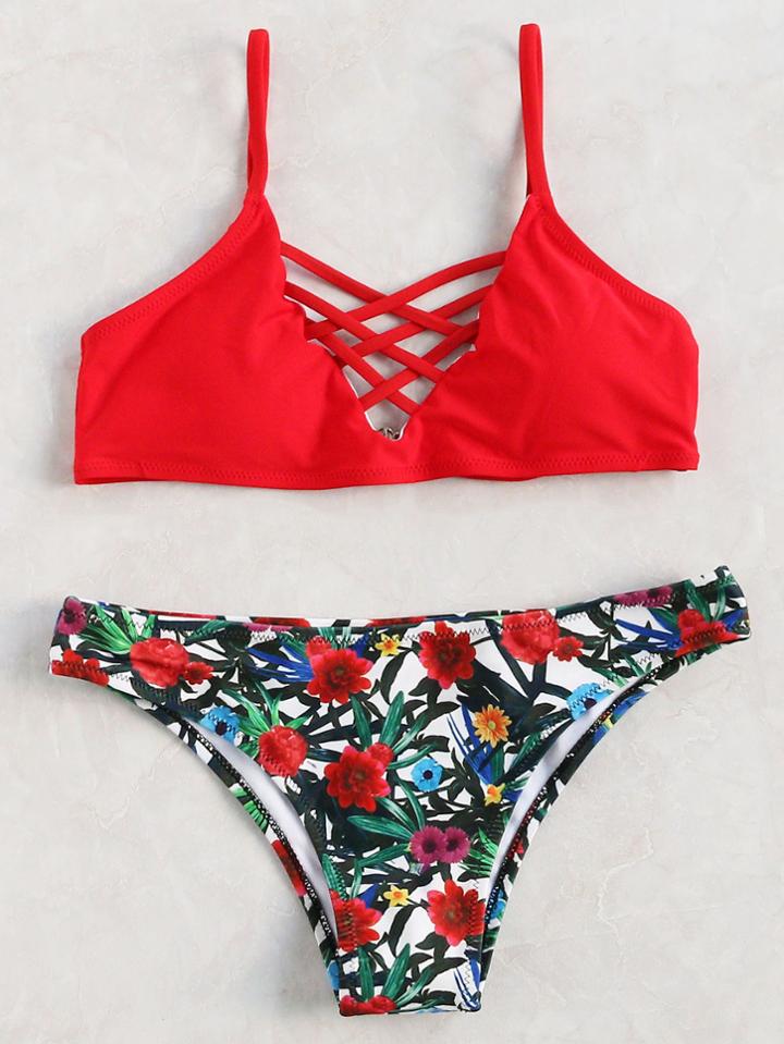 Romwe Red Floral Print Criss Cross Bikini Set