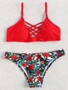 Romwe Red Floral Print Criss Cross Bikini Set