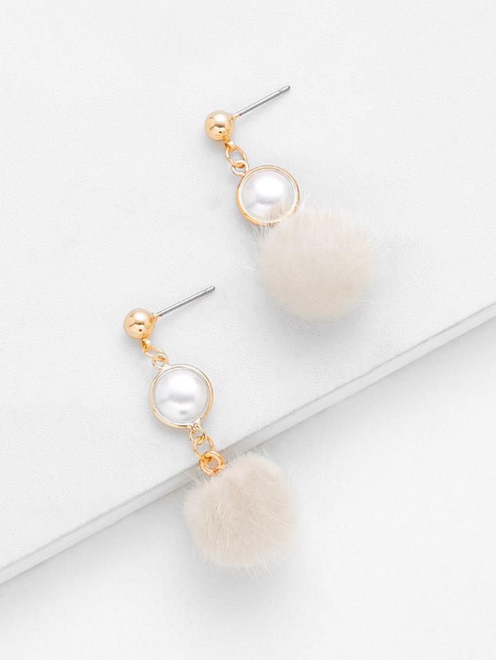 Romwe Pom Pom Drop Earrings With Faux Pearl