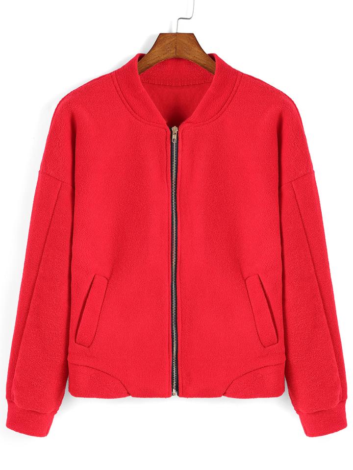 Romwe Stand Collar Zipper Red Jacket