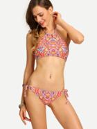 Romwe Keyhole Halter Neck Multicolor Paisley Print Bikini Set