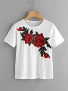 Romwe Rose Embroidered Applique Tee