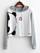 Romwe Panda Print Contrast Sleeve Hoodie