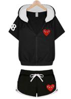 Romwe Hooded Heart Print Top With Drawstring Black Shorts