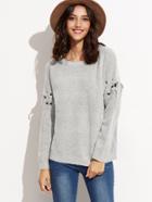 Romwe Grey Eyelet Lace Up Sleeve Pullover Sweater