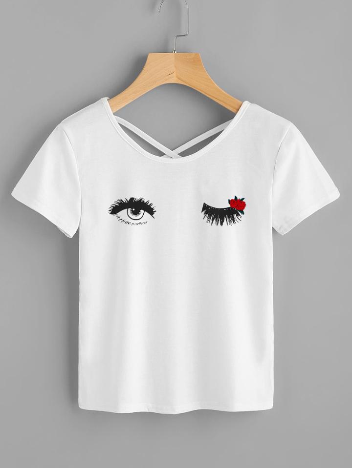 Romwe Eye And Rose Print Criss Cross Back Tee