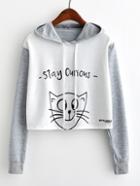 Romwe Cat Print Contrast Sleeve Hoodie
