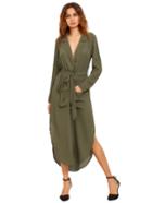 Romwe Green Lapel Self-tie High Low Chiffon Dress With Pockets