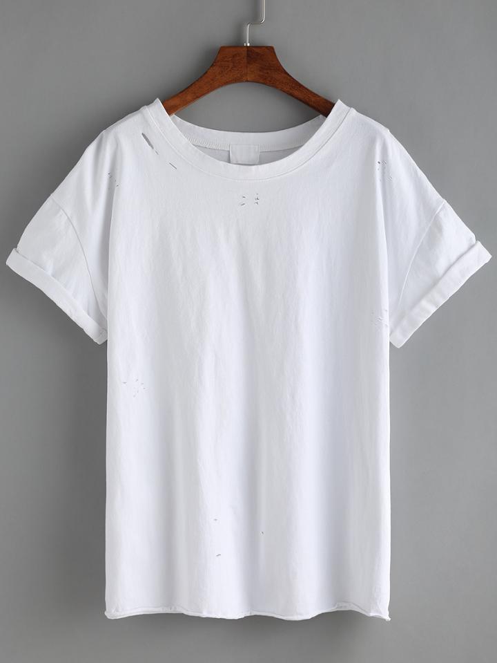 Romwe White Cuffed Ripped T-shirt