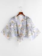 Romwe Floral Print Random Open Front Knot Top
