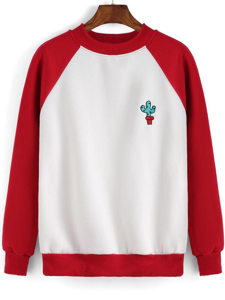 Romwe Colour-block Cactus Print Sweatshirt