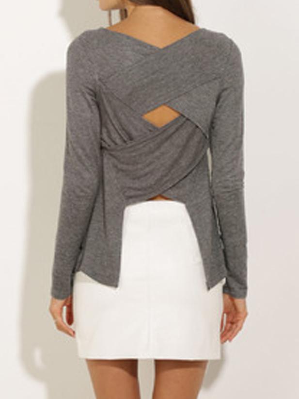 Romwe Grey Long Sleeve Cross Back Asymmetrical T-shirt