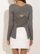 Romwe Grey Long Sleeve Cross Back Asymmetrical T-shirt
