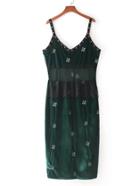 Romwe Lace Panel Embroidered Velvet Cami Dress