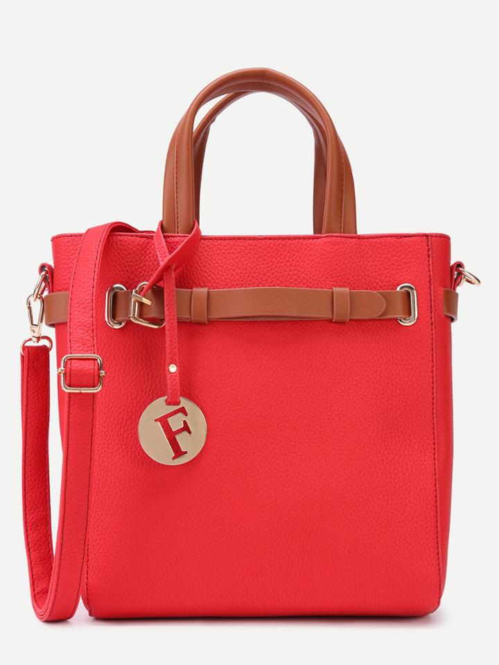 Romwe Red Pebbled Pu Buckle Strap Handbag With Shoulder Strap