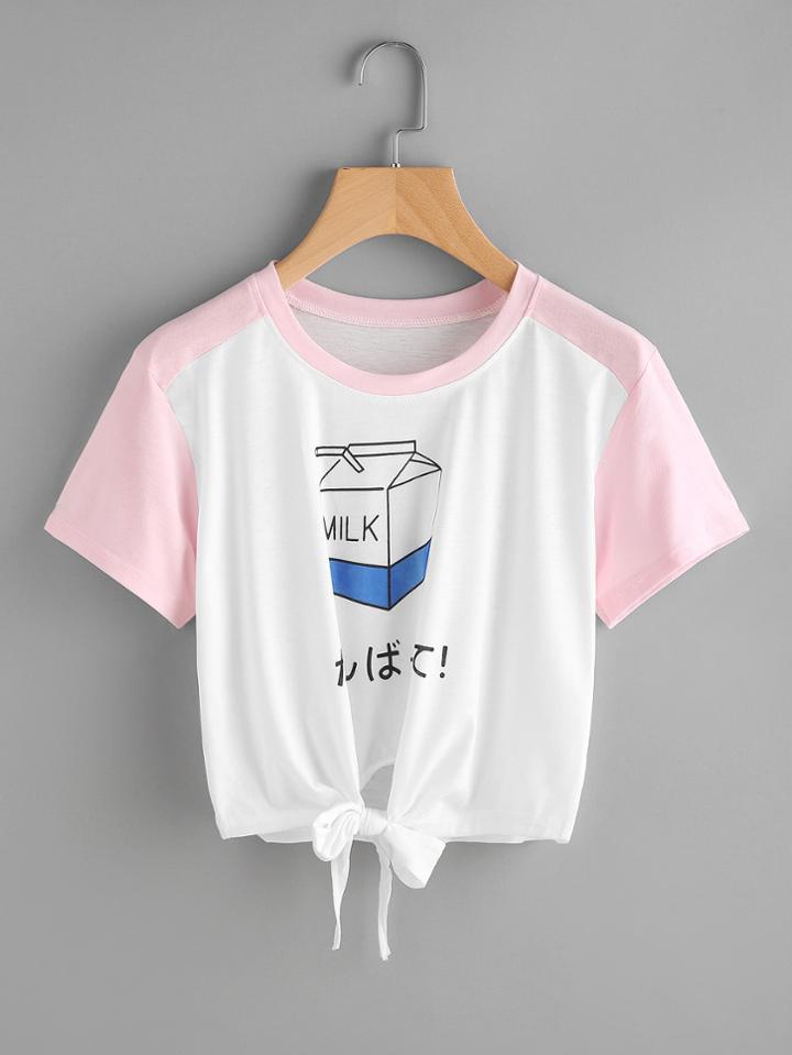 Romwe Contrast Sleeve Graphic Print Knot Front Tee