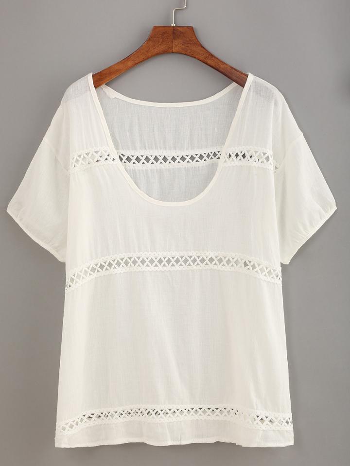 Romwe Eyelet Lace Insert T-shirt