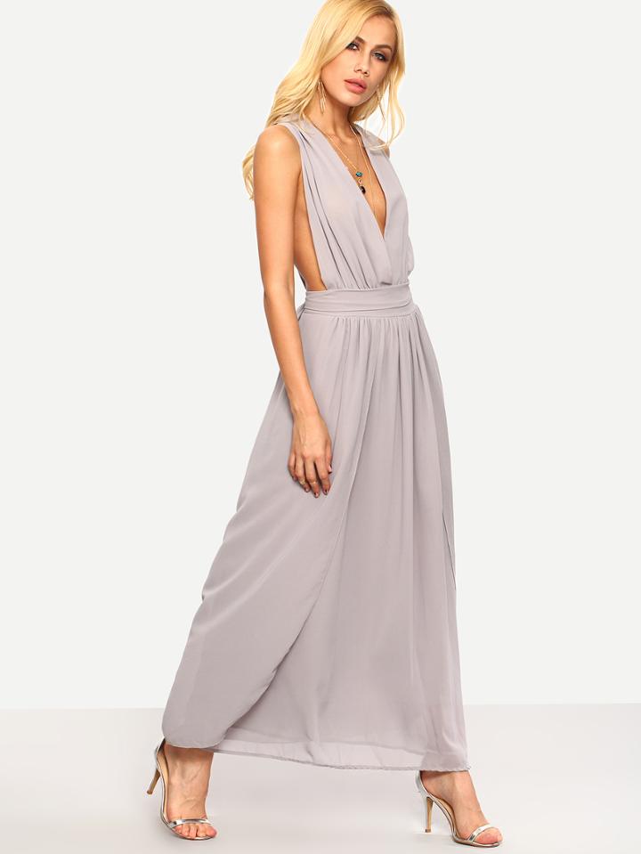 Romwe Plunge Neck Tie-back Chiffon Dress - Grey