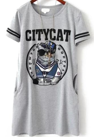Romwe With Pockets Cat Print Grey Dress