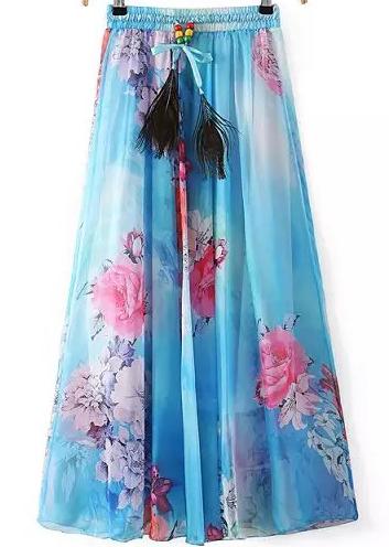 Romwe Drawstring Rose Print Pleated Blue Skirt