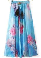 Romwe Drawstring Rose Print Pleated Blue Skirt